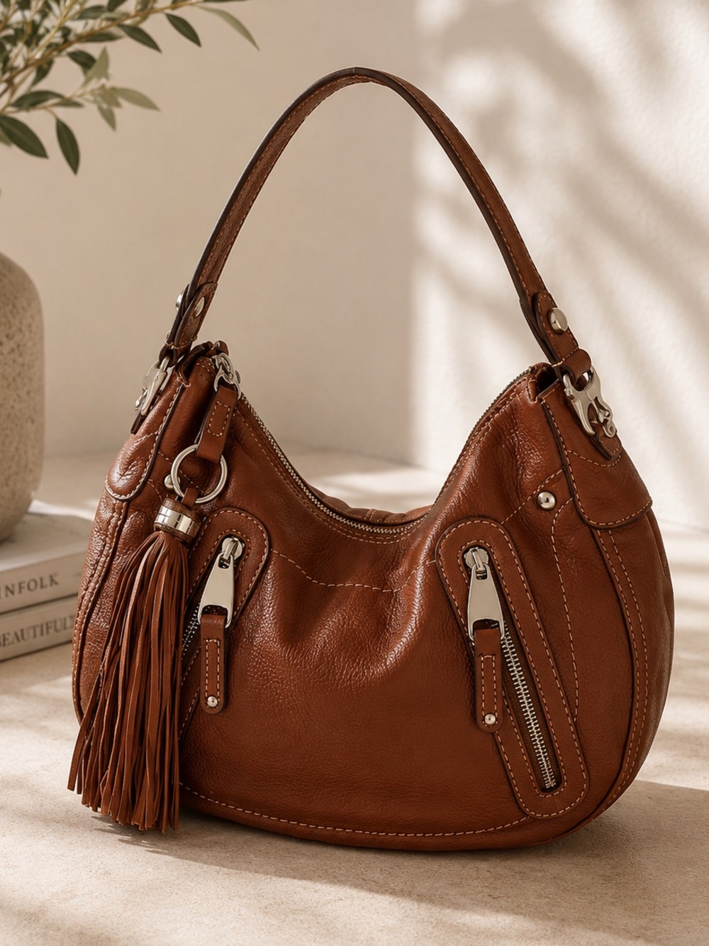 B. Makowsky Brown Leather Hobo Shoulder Bag